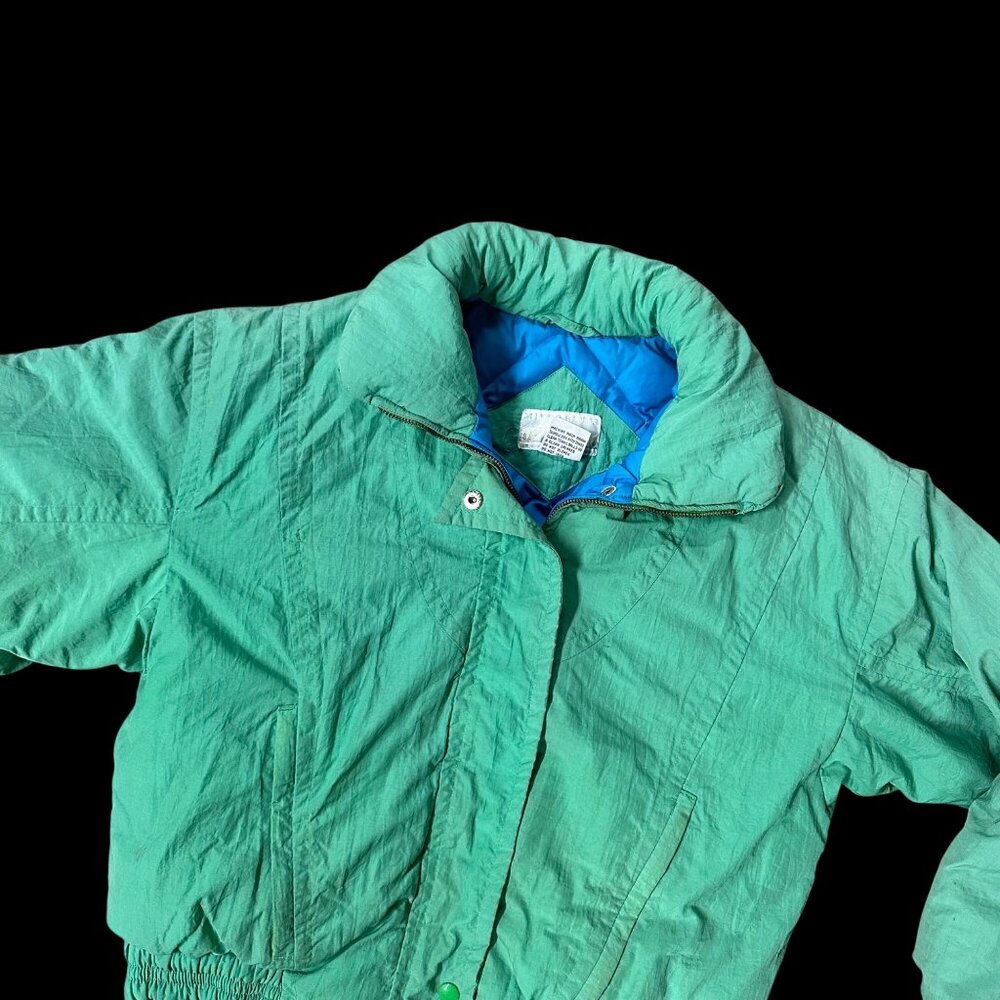 Vintage Green Puffer Coat Jacket Womens Medium 1990s Mixed Blues Nylon Down - Picture 1 of 7